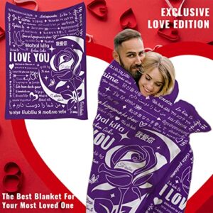 I Love You Gifts Blanket, 100 Languages Blanket Gifts for Mom Women Wife Girlfriend Mothers Day Anniversary Couple Birthday Soft Warm Flannel Hugs Throw Blankets 50"x60" Purple