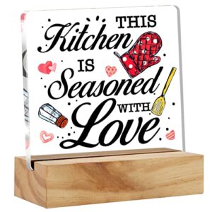this kitchen is seasoned with love desk decor acrylic desk sign funny kitchen acrylic plaque home desk shelf decoration gift 4.7"x4.7"