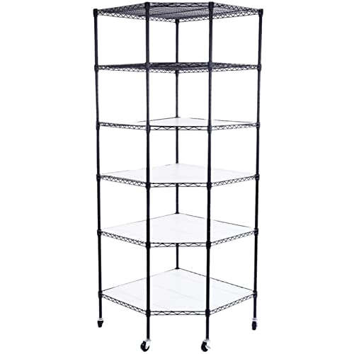 Ymlpre Corner Wire Shelf Adjustable Metal Shelving Unit 6 Shelf Storage Shelves with Wheels Wire Rackfor Kitchen, Bathroom, Laundry, Pantry, Close, 26.77" D x 26.77" W x 72.83" H, Black 6-Tier