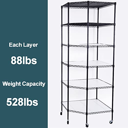 Ymlpre Corner Wire Shelf Adjustable Metal Shelving Unit 6 Shelf Storage Shelves with Wheels Wire Rackfor Kitchen, Bathroom, Laundry, Pantry, Close, 26.77" D x 26.77" W x 72.83" H, Black 6-Tier