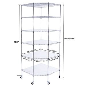 Ymlpre Corner Wire Shelf Adjustable Metal Shelving Unit 6 Shelf Storage Shelves with Wheels Wire Rackfor Kitchen, Bathroom, Laundry, Pantry, Close, 26.77" D x 26.77" W x 72.83" H, Black 6-Tier