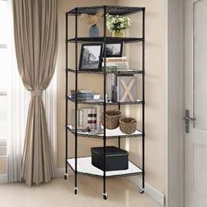 Ymlpre Corner Wire Shelf Adjustable Metal Shelving Unit 6 Shelf Storage Shelves with Wheels Wire Rackfor Kitchen, Bathroom, Laundry, Pantry, Close, 26.77" D x 26.77" W x 72.83" H, Black 6-Tier