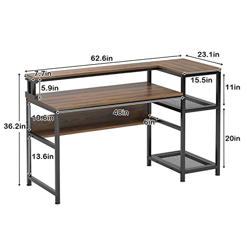 soges 62 Inch Computer Desk with Elevated Monitor Shelf, Home Office Desk with Storage Shelves, CPU Stand, Study Writing Table Workstation with Printer Stand