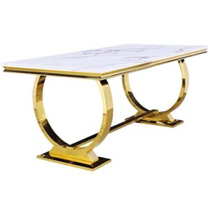 ACEDÉCOR Modern Dining Room Table with Gold Stainless Steel Metal U-Base in White Gold