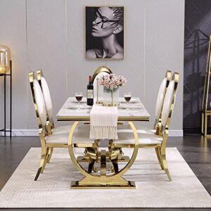 ACEDÉCOR Modern Dining Room Table with Gold Stainless Steel Metal U-Base in White Gold