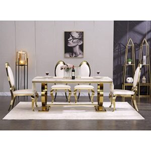 ACEDÉCOR Modern Dining Room Table with Gold Stainless Steel Metal U-Base in White Gold