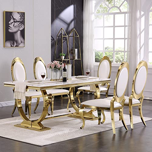 ACEDÉCOR Modern Dining Room Table with Gold Stainless Steel Metal U-Base in White Gold