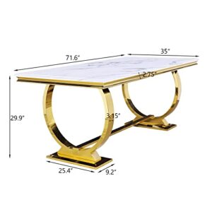 ACEDÉCOR Modern Dining Room Table with Gold Stainless Steel Metal U-Base in White Gold