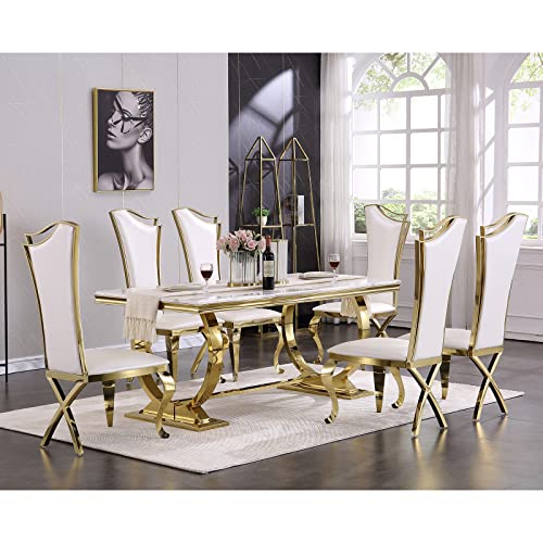 ACEDÉCOR Modern Dining Room Table with Gold Stainless Steel Metal U-Base in White Gold