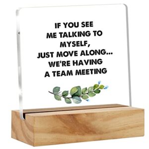 If You See Me Talking to Myself We're Having a Team Meeting Desk Decor Acrylic Desk Sign Funny Acrylic Plaque Home Office Room Desk Shelf Decoration Gift 4.7"x4.7"