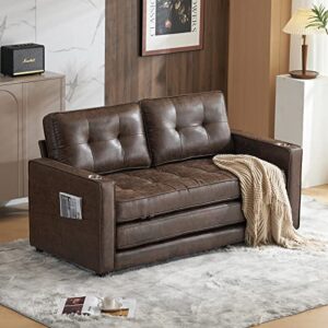 VINGLI Upgraded 64" W 84" L Full Size Futon Sofa Bed, 6" Thick Upholstery Rustic Microfiber Loveseat Sofa Sleeper Pull Out Couch,Convertible Floor Couch for Living Room, Bedroom, Entertainment Room