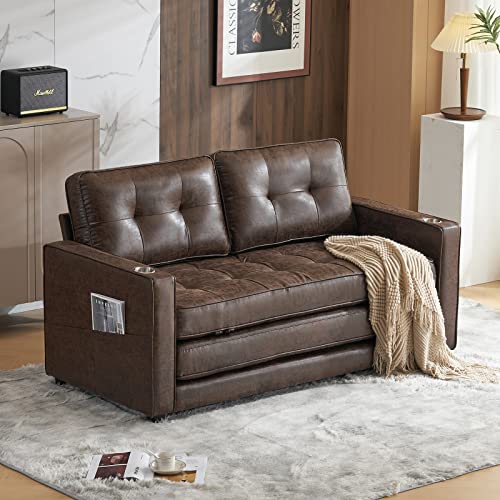 VINGLI Upgraded 64" W 84" L Full Size Futon Sofa Bed, 6" Thick Upholstery Rustic Microfiber Loveseat Sofa Sleeper Pull Out Couch,Convertible Floor Couch for Living Room, Bedroom, Entertainment Room