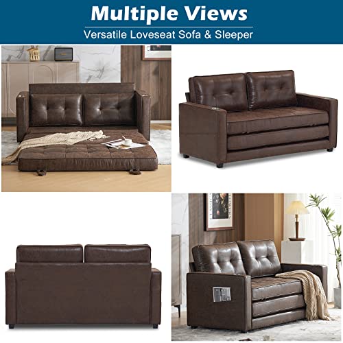 VINGLI Upgraded 64" W 84" L Full Size Futon Sofa Bed, 6" Thick Upholstery Rustic Microfiber Loveseat Sofa Sleeper Pull Out Couch,Convertible Floor Couch for Living Room, Bedroom, Entertainment Room