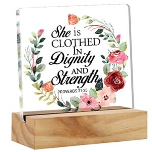 bible verse she is clothed in dignity and strength desk decor acrylic desk sign inspirational scripture christian acrylic plaque home office desk shelf decoration 4.7"x4.7"