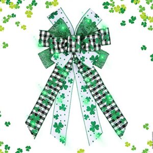 saint patrick's wreath bows st. patrick bows with mini led glitter white clover plaid burlap bow for wreaths, st patrick's day ribbon bows tree topper bows for indoor outdoor decoration supplies