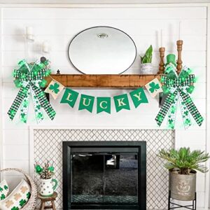 Saint Patrick's Wreath Bows St. Patrick Bows with Mini LED Glitter White Clover Plaid Burlap Bow for Wreaths, St Patrick's Day Ribbon Bows Tree Topper Bows for Indoor Outdoor Decoration Supplies