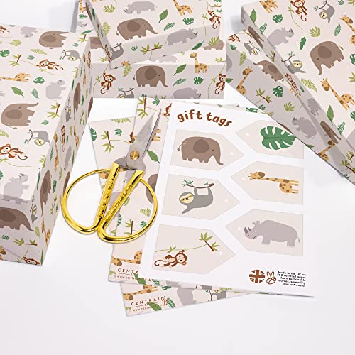 CENTRAL 23 Baby Animal Wrapping Paper - 6 Neutral Gift Wrap Sheets - Monkey Elephant Giraffe - For Birthday Baby Shower Boys Girls - Comes With Fun Stickers - Recyclable