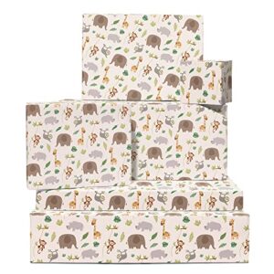 central 23 baby animal wrapping paper - 6 neutral gift wrap sheets - monkey elephant giraffe - for birthday baby shower boys girls - comes with fun stickers - recyclable