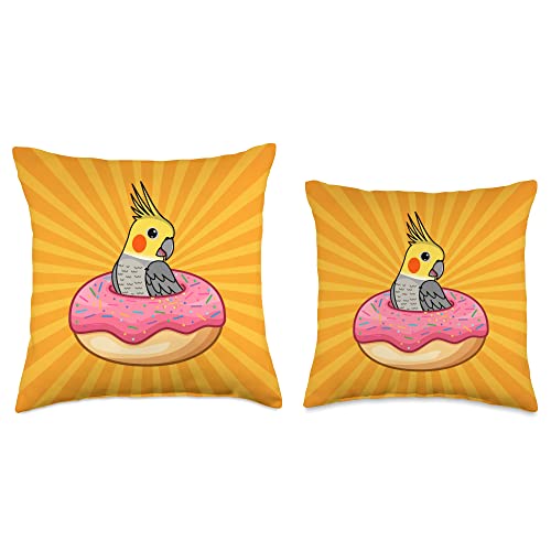 Funny Birds Gifts for Birders and Bird Breeders Kawaii Parrot in A Donut I Cockatiel Throw Pillow, 16x16, Multicolor