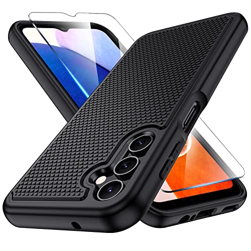 Huness for Samsung Galaxy A14 5G Case with Tempered Glass Screen Protector,Samsung A14 5G Case,Durable Armor & Resilient Shock Absorption Defender & Non Slip Textured Back Case - Black