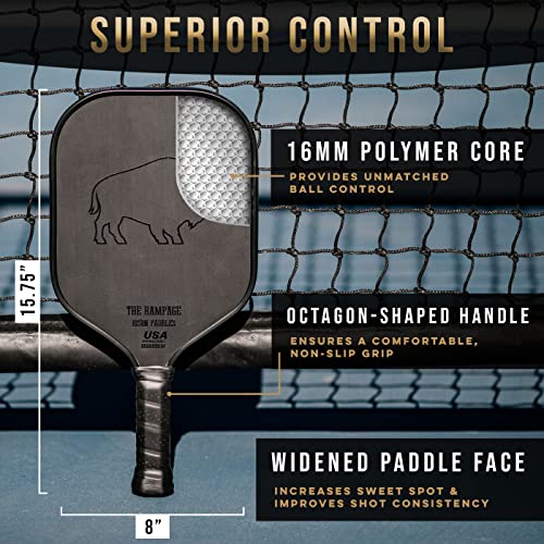 Bison Paddles: Carbon Fiber Pickleball Paddle - Raw Toray T700 Surface Provides Maximum Ball Spin | Elongated or Widened Pickleball Racket Shapes Available - Neoprene Cover Included