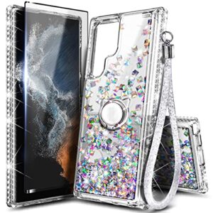 ngb supremacy compatible with samsung galaxy s23 ultra case (6.8 inch) with screen protector (maximum coverage, flexible tpu), ring holder/wrist strap, liquid floating glitter cute case (crystal gem)