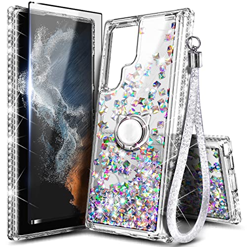 NGB Supremacy Compatible with Samsung Galaxy S23 Ultra Case (6.8 Inch) with Screen Protector (Maximum Coverage, Flexible TPU), Ring Holder/Wrist Strap, Liquid Floating Glitter Cute Case (Crystal Gem)