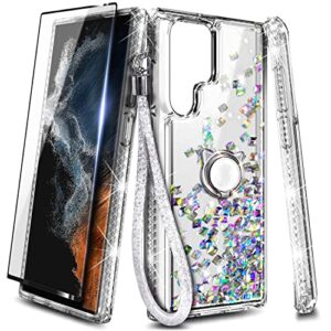 NGB Supremacy Compatible with Samsung Galaxy S23 Ultra Case (6.8 Inch) with Screen Protector (Maximum Coverage, Flexible TPU), Ring Holder/Wrist Strap, Liquid Floating Glitter Cute Case (Crystal Gem)