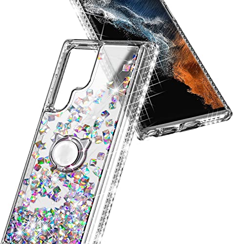 NGB Supremacy Compatible with Samsung Galaxy S23 Ultra Case (6.8 Inch) with Screen Protector (Maximum Coverage, Flexible TPU), Ring Holder/Wrist Strap, Liquid Floating Glitter Cute Case (Crystal Gem)