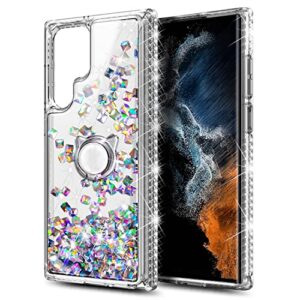 NGB Supremacy Compatible with Samsung Galaxy S23 Ultra Case (6.8 Inch) with Screen Protector (Maximum Coverage, Flexible TPU), Ring Holder/Wrist Strap, Liquid Floating Glitter Cute Case (Crystal Gem)