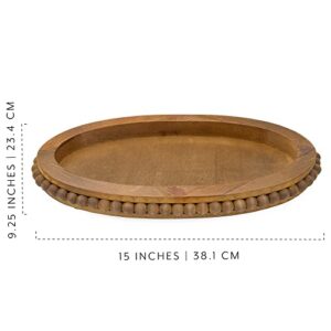 AuldHome Wood Beaded Tray (Stained Wood), Decorative Farmhouse Style Oval Wooden Tray