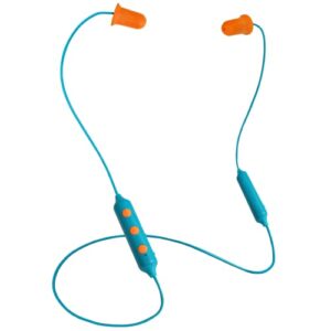 plugfones basic pro wireless bluetooth in-ear earplug earbuds - noise reduction headphones with noise isolating mic and controls (blue & orange)