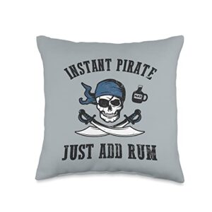 funny pirate lover gifts men women instant just add rum funny pirate joke skull graphic throw pillow, 16x16, multicolor
