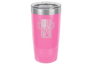 rogue river tactical usa flag buck hunting 20 oz. travel tumbler mug cup w/lid vacuum insulated hot or cold united states deer (pink)
