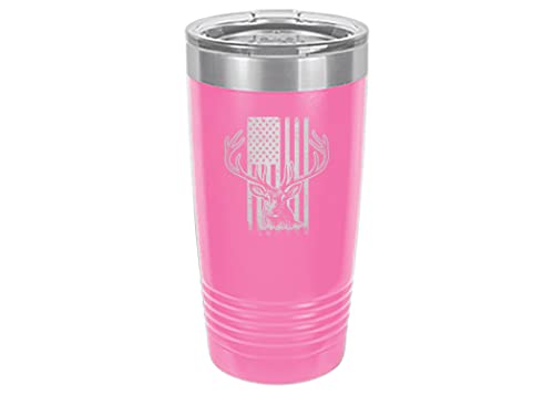 Rogue River Tactical USA Flag Buck Hunting 20 Oz. Travel Tumbler Mug Cup w/Lid Vacuum Insulated Hot or Cold United States Deer (Pink)