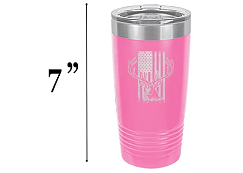 Rogue River Tactical USA Flag Buck Hunting 20 Oz. Travel Tumbler Mug Cup w/Lid Vacuum Insulated Hot or Cold United States Deer (Pink)