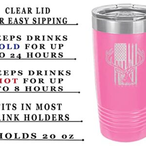 Rogue River Tactical USA Flag Buck Hunting 20 Oz. Travel Tumbler Mug Cup w/Lid Vacuum Insulated Hot or Cold United States Deer (Pink)