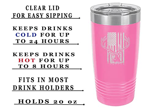 Rogue River Tactical USA Flag Buck Hunting 20 Oz. Travel Tumbler Mug Cup w/Lid Vacuum Insulated Hot or Cold United States Deer (Pink)