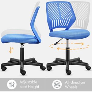 Yaheetech Students Desk Chair Low-Back Armless Study Chair Swivel Task Chair Cute Bedroom Chair with Lumbar Support Adjustable Height for Youth, Blue