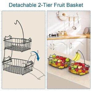 Minicloss 2-Tier Countertop Fruit Basket Bowl with Banana Hanger, Metal Wire Vegetable Fruits Stand Holder Storage Organizer for Kitchen, Black