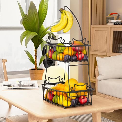 Minicloss 2-Tier Countertop Fruit Basket Bowl with Banana Hanger, Metal Wire Vegetable Fruits Stand Holder Storage Organizer for Kitchen, Black