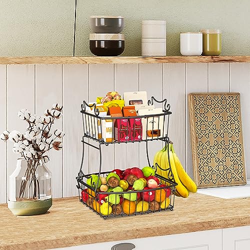 Minicloss 2-Tier Countertop Fruit Basket Bowl with Banana Hanger, Metal Wire Vegetable Fruits Stand Holder Storage Organizer for Kitchen, Black