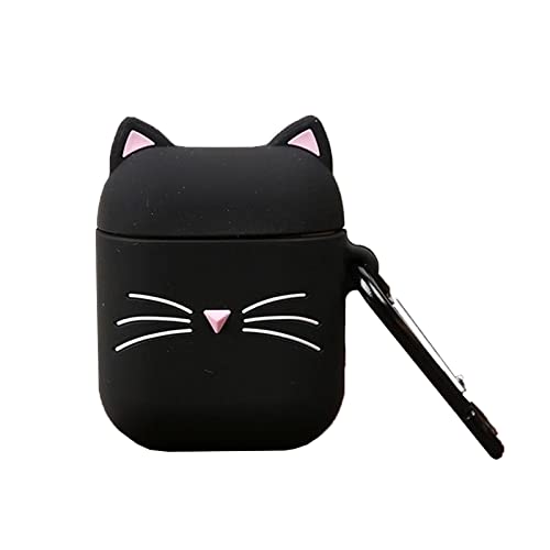 Cat Airpod Case Black Whisker Cat Kitty Fun Funny Designer Unique Shell 3D Cartoon Animals Full Protection Shockproof Soft Silicone Charging Case Cove with Keychain for Men Girls Women Boys