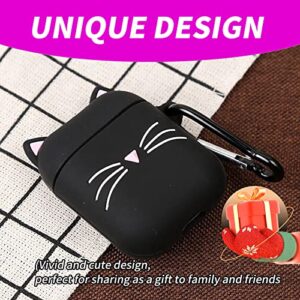 Cat Airpod Case Black Whisker Cat Kitty Fun Funny Designer Unique Shell 3D Cartoon Animals Full Protection Shockproof Soft Silicone Charging Case Cove with Keychain for Men Girls Women Boys