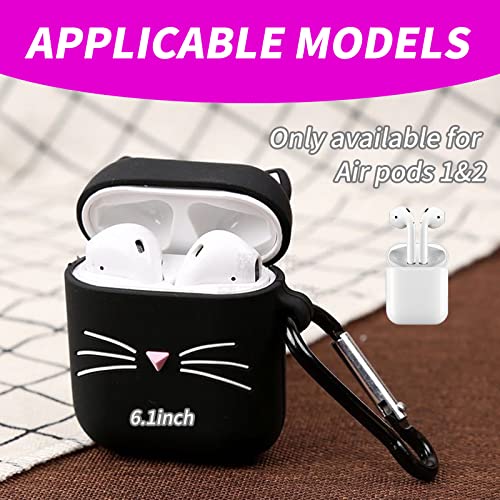 Cat Airpod Case Black Whisker Cat Kitty Fun Funny Designer Unique Shell 3D Cartoon Animals Full Protection Shockproof Soft Silicone Charging Case Cove with Keychain for Men Girls Women Boys