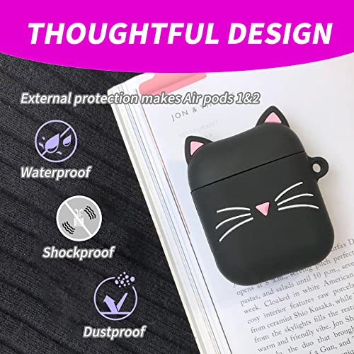 Cat Airpod Case Black Whisker Cat Kitty Fun Funny Designer Unique Shell 3D Cartoon Animals Full Protection Shockproof Soft Silicone Charging Case Cove with Keychain for Men Girls Women Boys