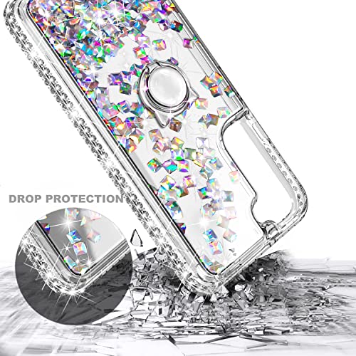 NGB Supremacy Compatible with Samsung Galaxy S23 Plus Case (6.6 Inch) with Tempered Glass Screen Protector, Ring Holder/Wrist Strap, Girls Women Bling Liquid Floating Glitter Cute Case (Gem)