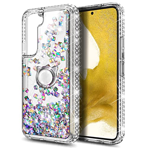 NGB Supremacy Compatible with Samsung Galaxy S23 Plus Case (6.6 Inch) with Tempered Glass Screen Protector, Ring Holder/Wrist Strap, Girls Women Bling Liquid Floating Glitter Cute Case (Gem)