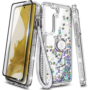 NGB Supremacy Compatible with Samsung Galaxy S23 Case (6.1 Inch) with Tempered Glass Screen Protector, Ring Holder/Wrist Strap, Girls Women Bling Liquid Floating Glitter Cute Case (Crystal Gem)