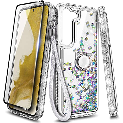 NGB Supremacy Compatible with Samsung Galaxy S23 Case (6.1 Inch) with Tempered Glass Screen Protector, Ring Holder/Wrist Strap, Girls Women Bling Liquid Floating Glitter Cute Case (Crystal Gem)